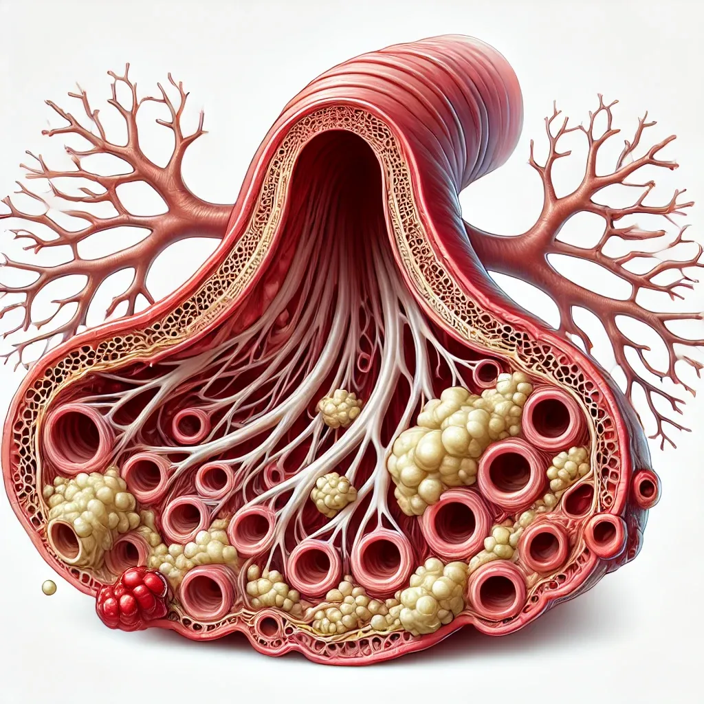 Dilated airways, mucus buildup, inflammation in bronchiectasis