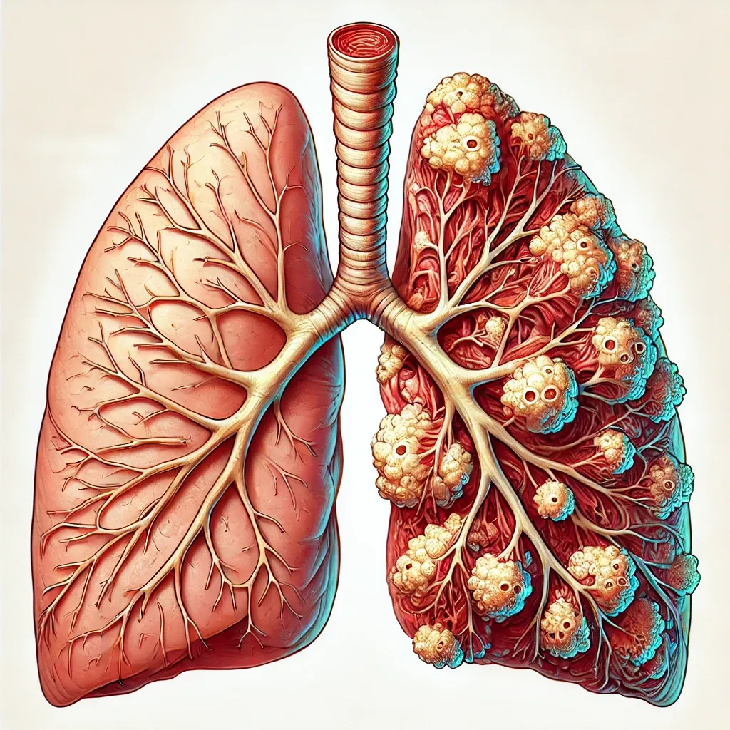 An image of the lungs representing the contrast between healthy lungs and lungs that produce excess mucus from cystic fibrosis