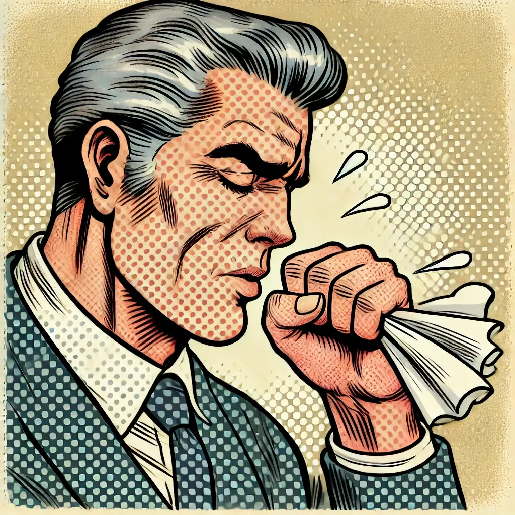 An image of an older man coughing into a tissue.