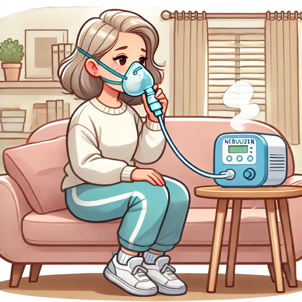 Woman with cystic fibrosis inhaling hypertonic saline through a nebulizer