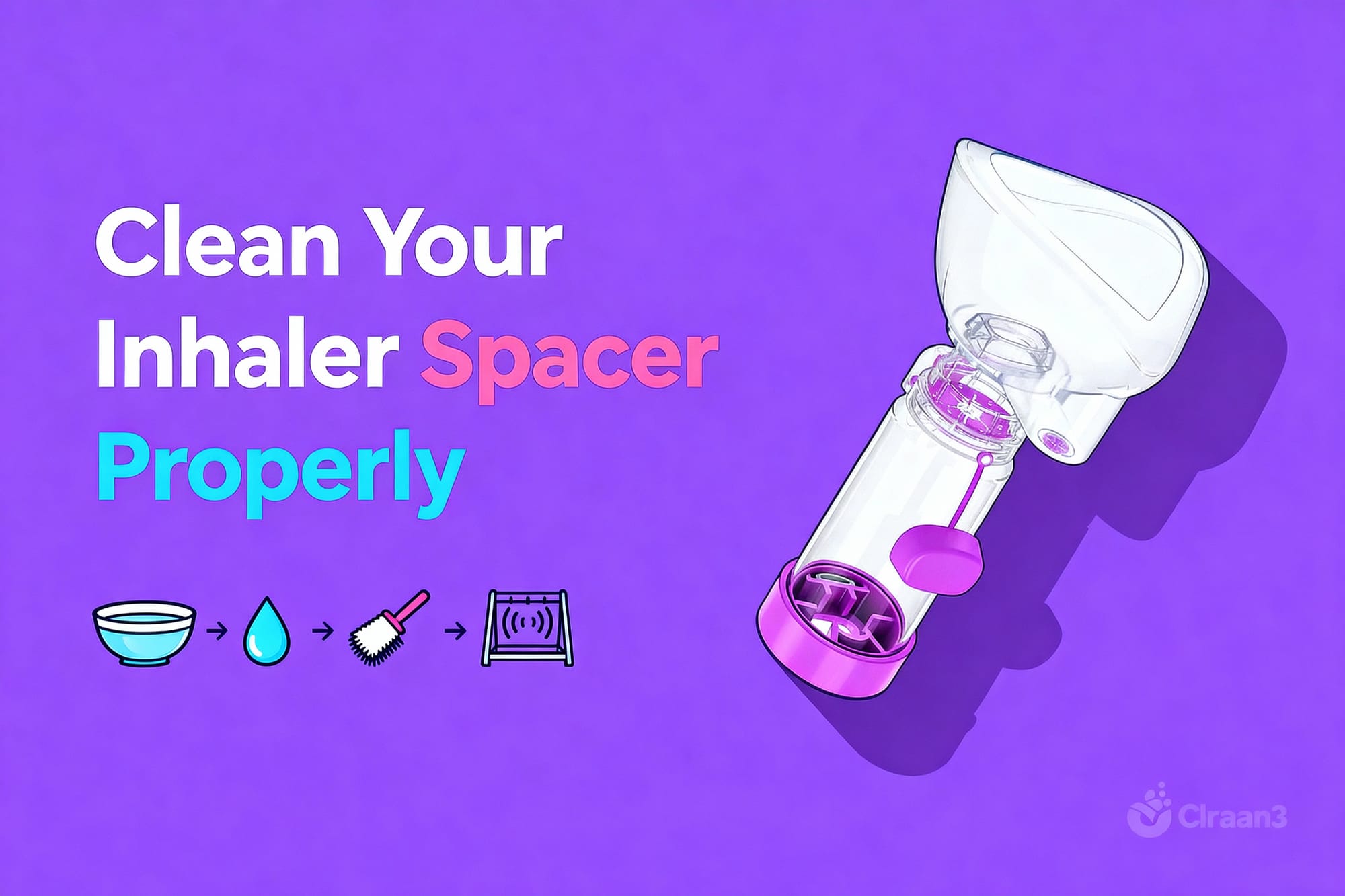 Small diagram that is showing simple steps to clean your inhaler spacer properly