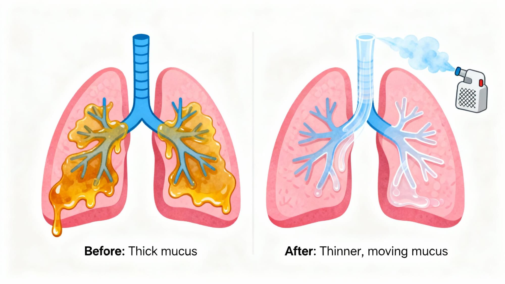 Before-and-after lungs illustration showing thick mucus versus thinner, moving mucus after mesh nebulizer treatment