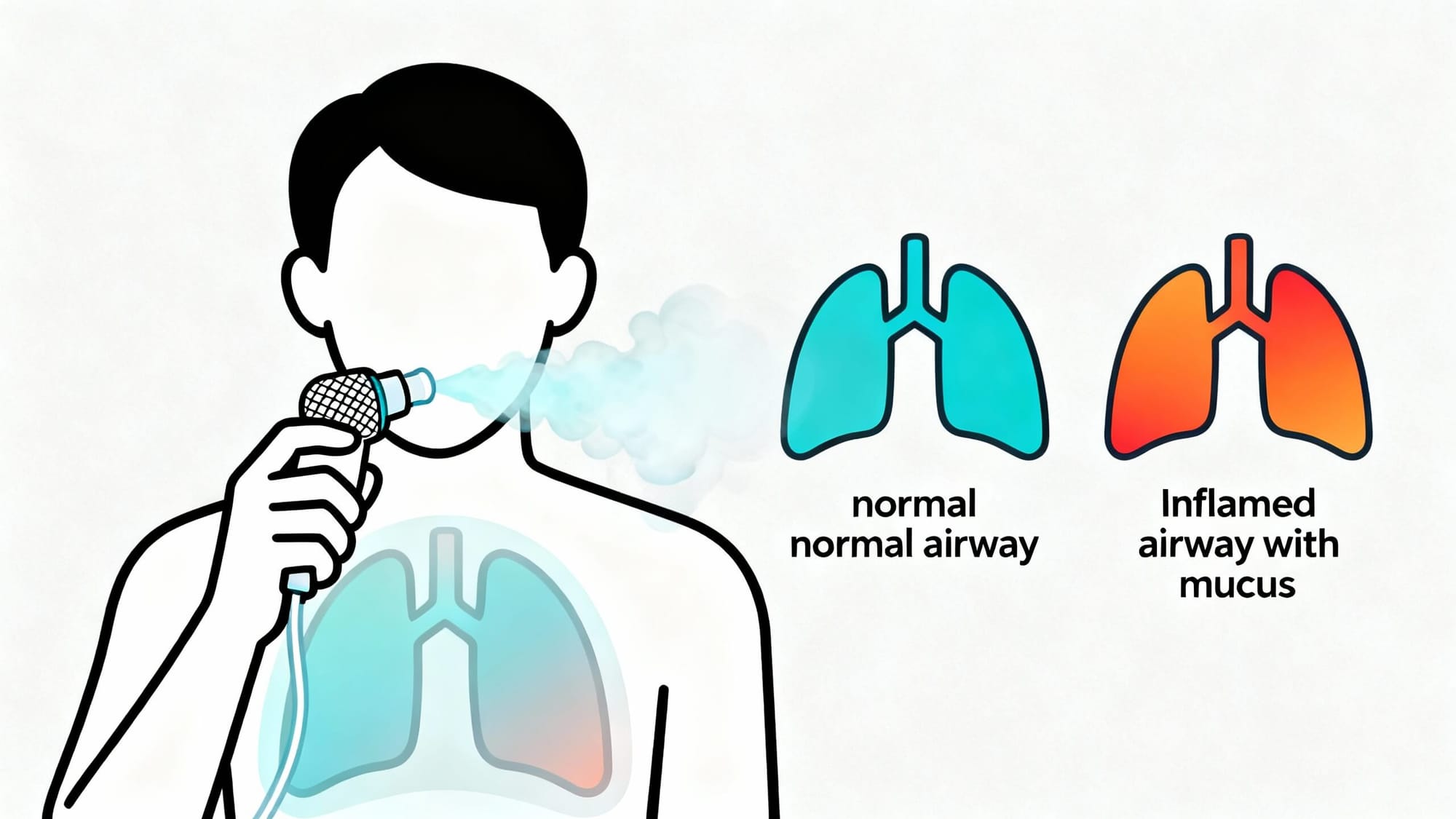 Person using a portable mesh nebulizer with mist entering lungs; normal vs inflamed airway illustration.