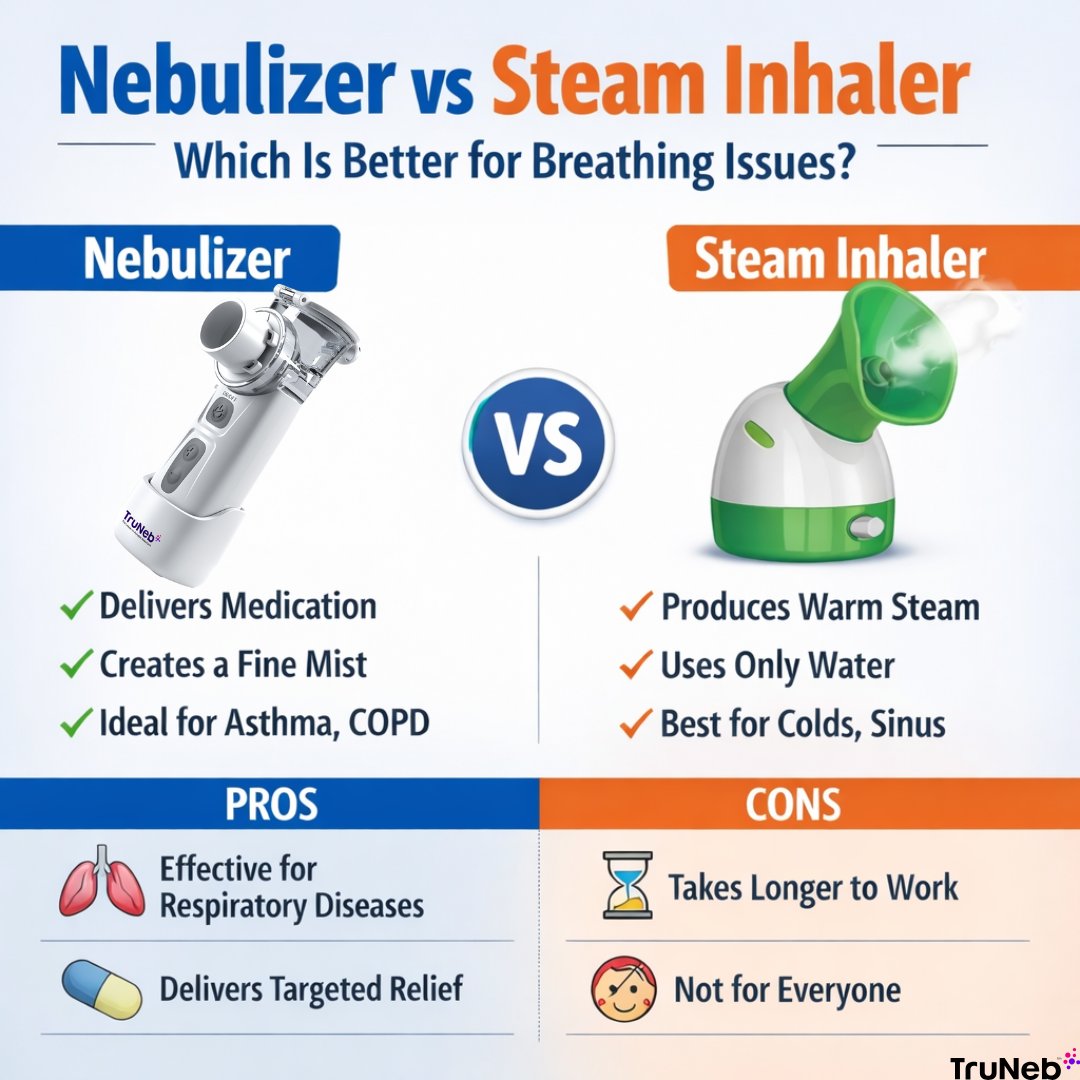 Nebulizer vs steam inhaler infographic comparing breathing relief uses and benefits